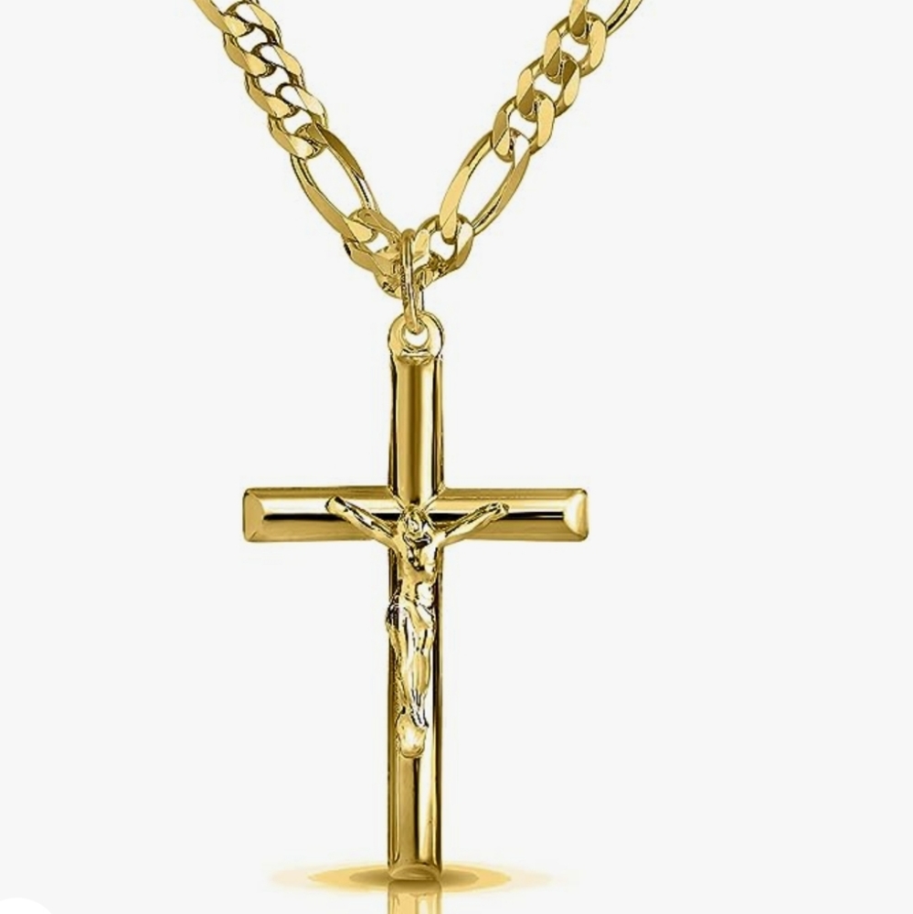 14k Gold Crucifix 24 in Figaro Chain Pendant Necklace NWT